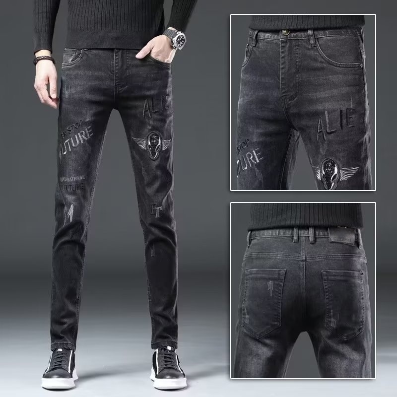 高端刺绣牛仔裤男潮牌秋季新款黑色男士弹力长裤修身小脚裤子潮流