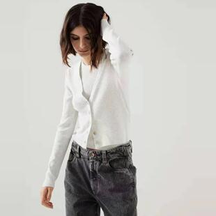 意系 尾货亏清 V领坑条14针金银线超细100%纯羊毛针织开衫上衣女