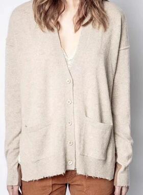 特清~法式温柔浪漫款前后拼色气质V领侧开叉100!羊绒针织开衫