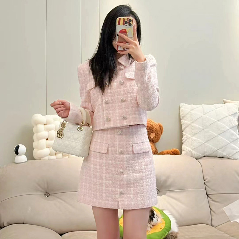 SP亏清元品质名媛千金红粉白嫩粗花呢外套半裙女套装超级显白,女装/女士精品,时尚套装,淘宝优惠券,粉丝福利购,淘宝优惠卷