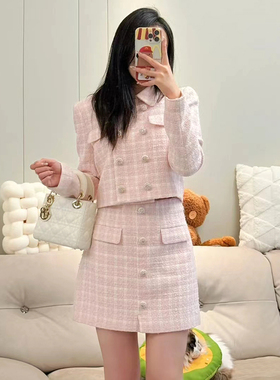SP亏清元品质名媛千金红粉白嫩粗花呢外套半裙女套装超级显白