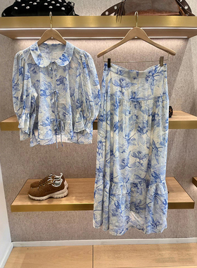 亏清法式小众26春夏时尚国风蓝色花卉系带娃娃领上衣半裙套装 女