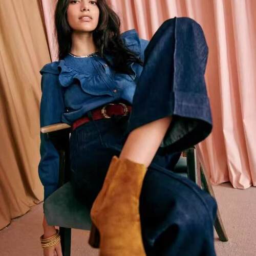 法式小众 25春季休闲口袋设计感阔腿百搭牛仔裤女