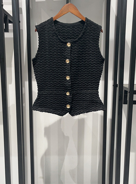 法式 2026春夏别致黑色肌理感金属扣卡腰圆领赫本风上衣女士