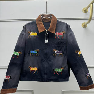 法式小众25年秋冬新款复古套索马图案刺绣水洗蓝工装夹克休闲外套