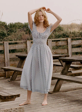 亏清  美式小众 25春夏大圆领系带田园风碎花上衣打缆收腰连衣裙