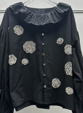 法系小众 重工亮片串珠 25秋款新款复古刺绣花朵灯笼袖黑色衬衫