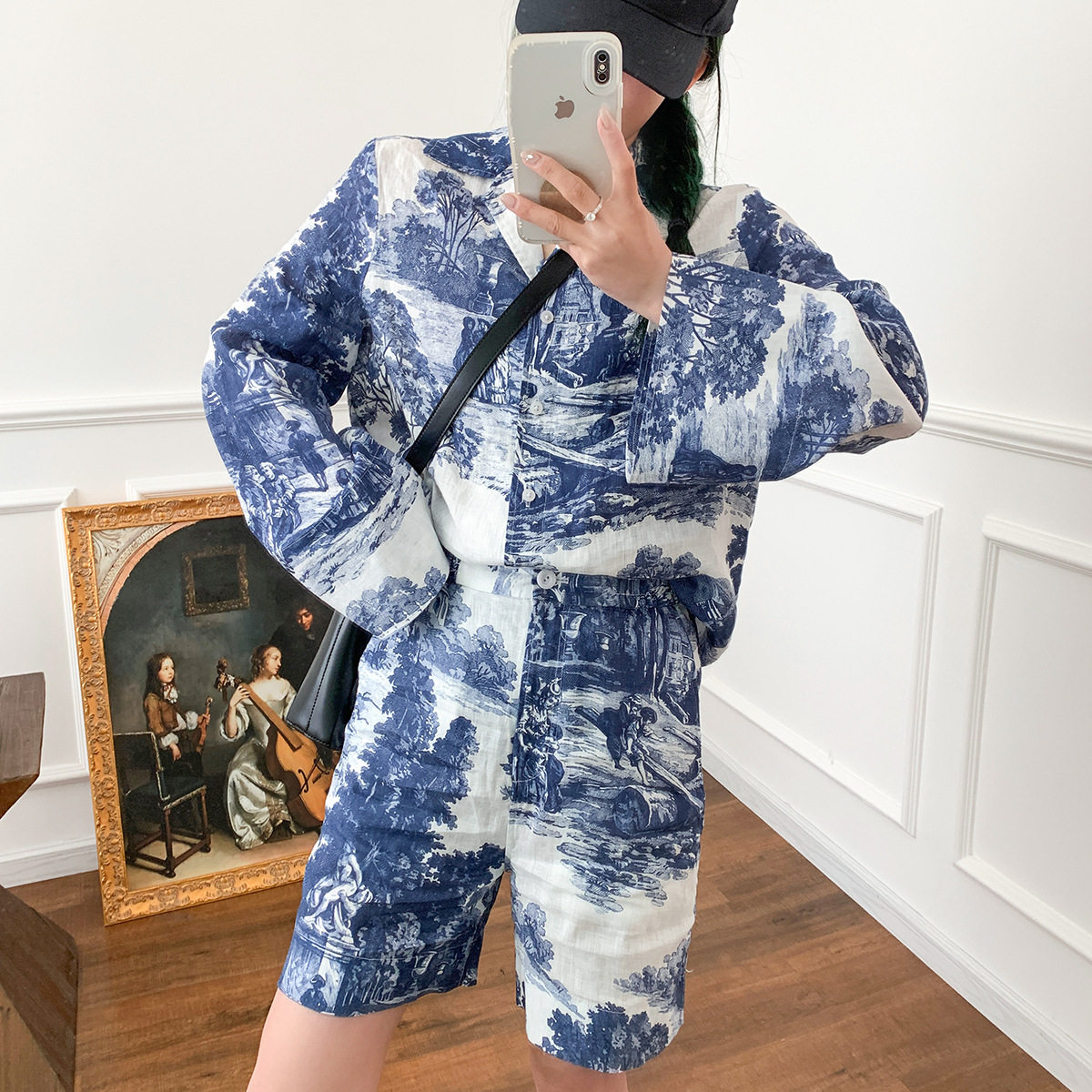 亏清客供~CS风轻薄法式印花油画衬衫直筒短裤时尚度假套装