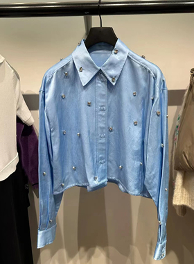 早秋法式垂坠感通勤灰色重工休闲翻领通勤钻饰缎面POLO领短款衬衫