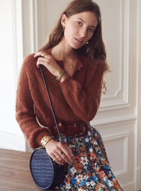 秋冬款 SEZ~法式圆领镂空网格钮扣长袖针织衫保暖毛衣