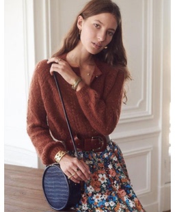 秋冬款 SEZ~法式圆领镂空网格钮扣长袖针织衫保暖毛衣