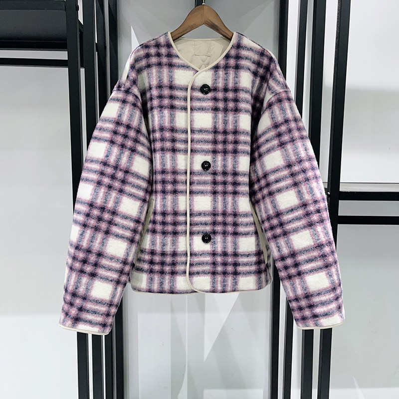 法式~~2025秋冬新款休闲圆领百搭毛呢双面穿紫格纹女士大衣棉服