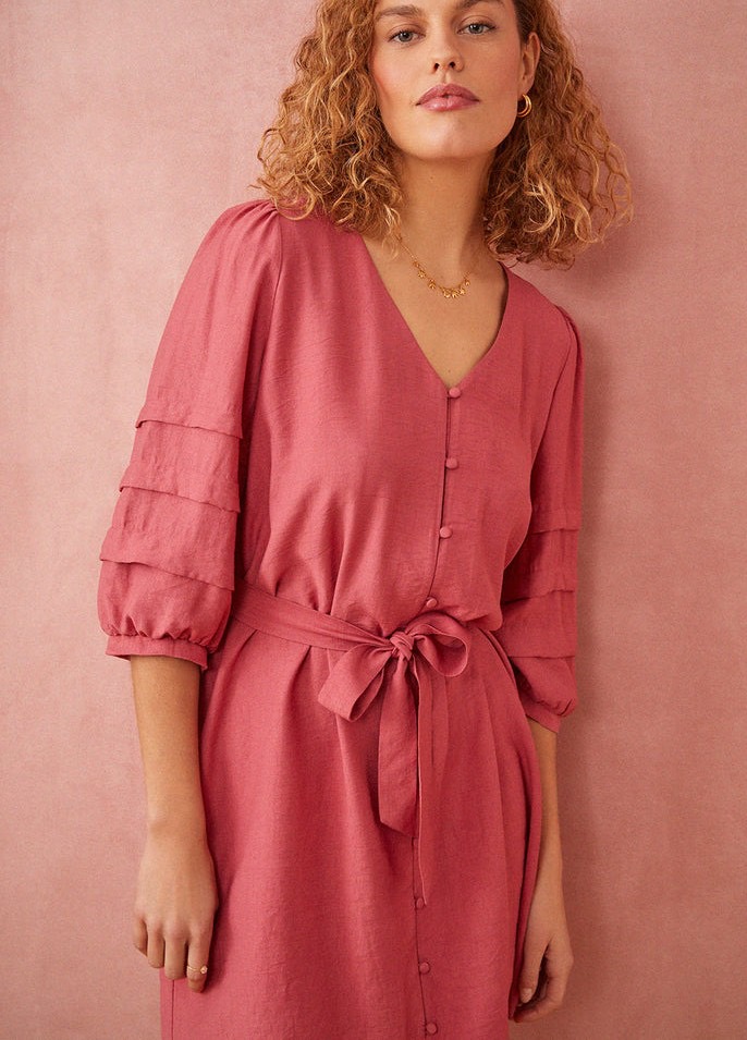 YUAN DPH 夏秋款单排扣V领叠层灯笼七分袖连衣裙