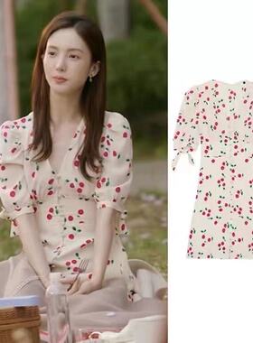特价亏清！夏季金晨同款法式樱桃印花V领连衣裙