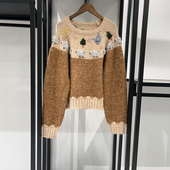 法式 2026早春手工童趣绵羊碎花钩编费尔岛圆领拼色毛衣女士