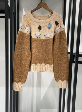 法式 ~~~~ 2026早春手工童趣绵羊碎花钩编费尔岛圆领拼色毛衣女士