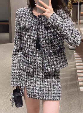 亏清SP名媛千金~秋冬亮丝黑格粗呢圆领多口袋外套开叉短裙套装