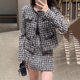 亏清SP名媛千金 秋冬亮丝黑格粗呢圆领多口袋外套开叉短裙套装