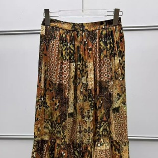 法式 绮梦鎏金迷笛半裙复古印花百褶大摆半身长裙 小众25年秋冬新款
