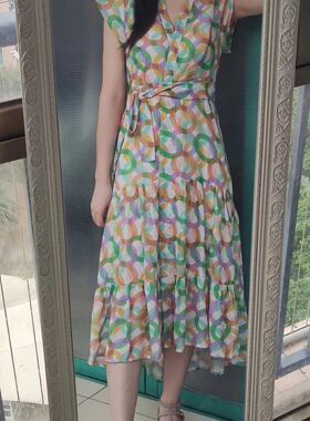 亏清外贸法式女装长款彩虹圈圈印花荷叶边下摆V领束腰连衣裙系带