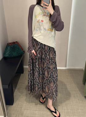 亏清~~法式2026春秋新款手绘印花插肩长袖T腰果花口袋半裙套装