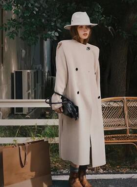 亏清 法式小众 高档 双排扣加厚廓形毛呢过膝欧美风中长大衣