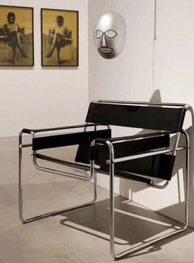 瓦西里椅ins设计师单人中古休闲沙发椅不锈钢马鞍皮客厅书房椅子