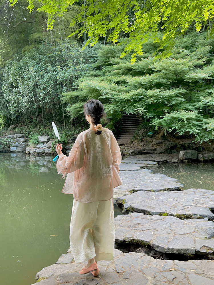 한복 한복 데일리 중국풍 양복 순정 스타일 가디건 꽃무늬 멜빵 와이드팬츠 여성용 3종 세트