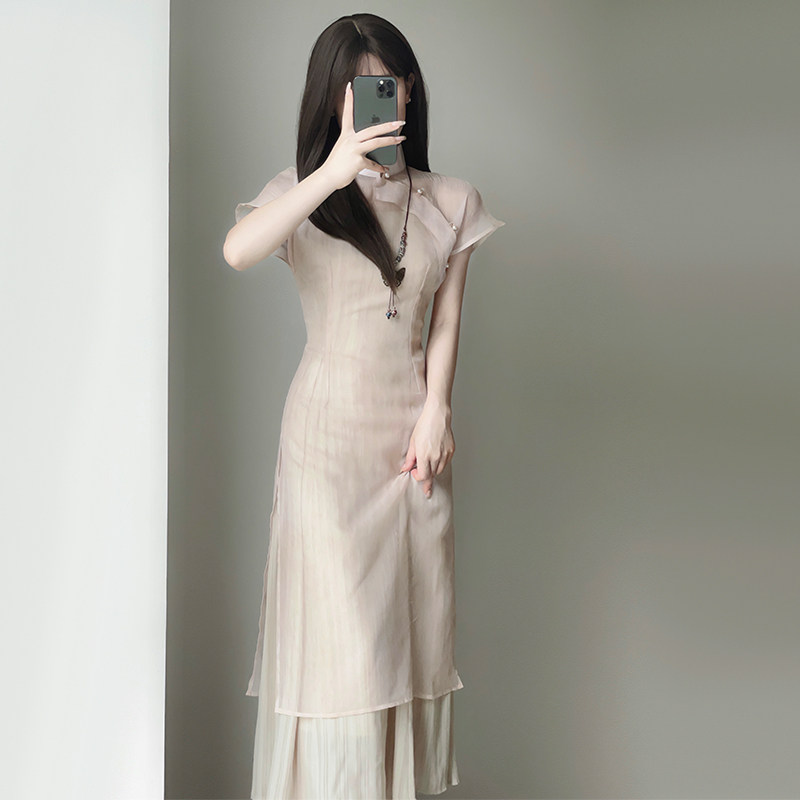 새로운 중국 스타일 개선 치파오 2024 여름 새로운 스타일 어린 소녀 하이 엔드 기질 중국 스타일 드레스 투피스 세트