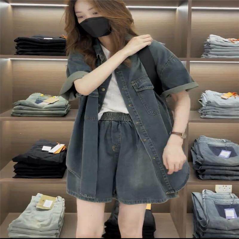 香港梨形胖MM大码套装女2025年夏新款牛仔外套短裤两件套宽松显瘦