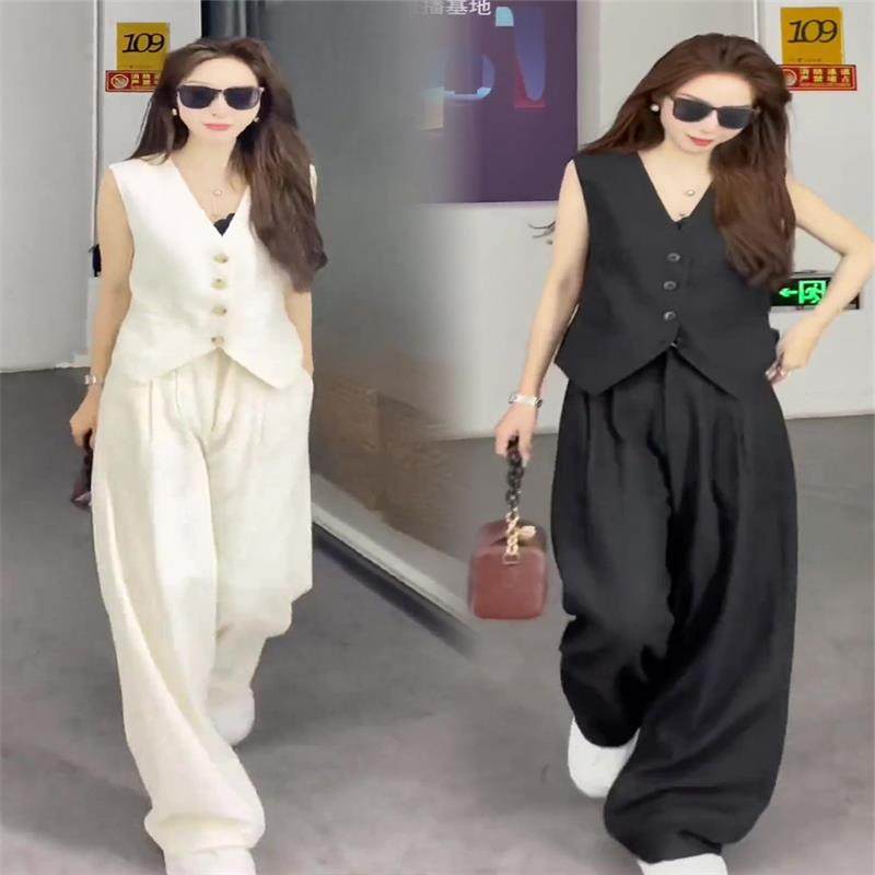 香港大码高级感时尚马甲两件套女2025夏季新款显瘦阔腿裤套装欧货