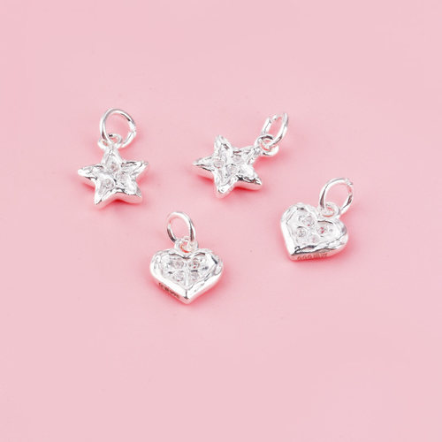 足银999纯银镶嵌锆石爱心吊坠五角星坠子DIY串珠水晶珍珠手链配件