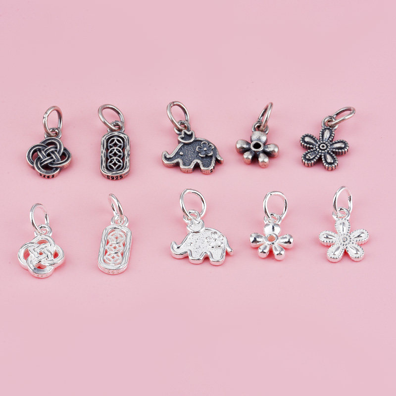 S925纯银铜钱吊坠中国结挂件泰银小象不规则花朵挂饰手链水晶DIY