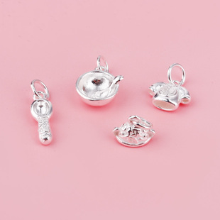 S925纯银三宝丰衣足食宝宝外出平安吊坠 福碗勺子锦衣官帽挂件