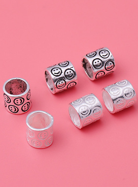 S925纯银复古笑脸桶珠 隔珠 散珠 手工串珠diy材料首饰配件