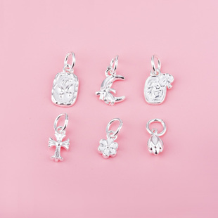 足银999蝴蝶福安康小花十字架蓬蓬月亮蝴蝶结吊坠小挂件diy串手链