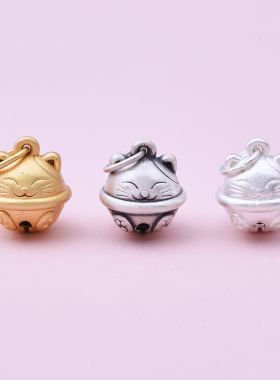 999足银3D硬银饰品配件 可爱立体空心招财猫吊坠 无声铃铛挂件