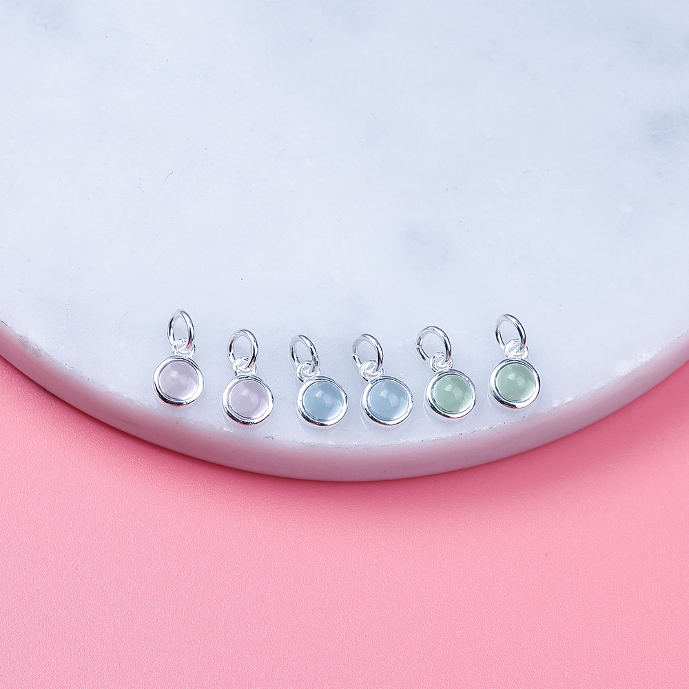 S925纯银微镶人工石圆形吊坠配件 DIY串珠手链项链挂坠配饰