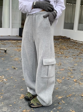 one seven工装风大口袋直筒裤女2025冬高腰显瘦宽松休闲加绒卫裤