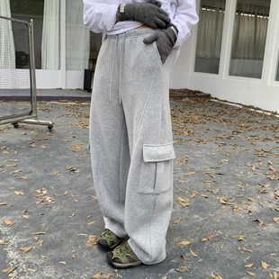 女2025冬高腰显瘦宽松休闲加绒卫裤 风大口袋直筒裤 seven工装 one