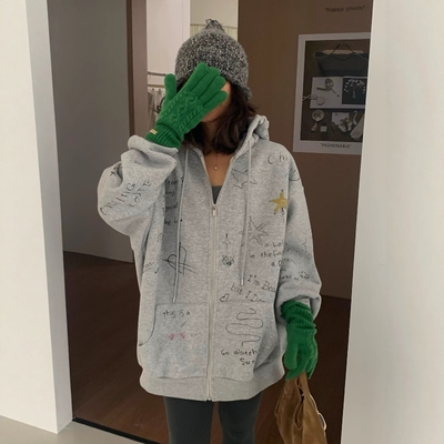 one seven韩版字母涂鸦连帽加绒休闲卫衣外套2025冬宽松加厚上衣