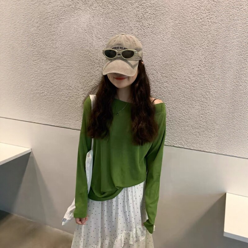 one seven纯色露肩长袖防晒t恤女2026春夏宽松显瘦一字肩别致上衣