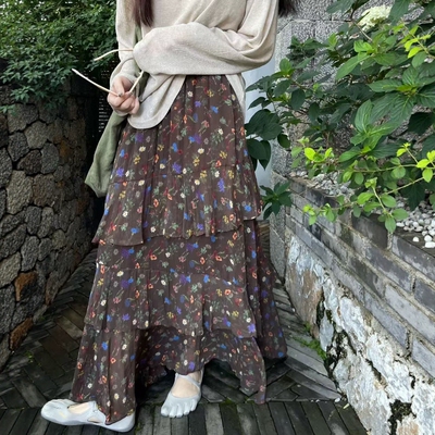 one seven复古咖色碎花半身裙女2026早秋高腰宽松显瘦荷叶边A字裙