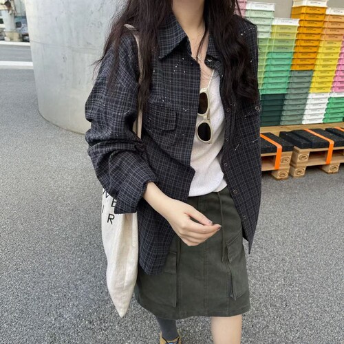 one seven复古格子衬衫外套女2026秋宽松百搭显瘦休闲开衫衬衣潮