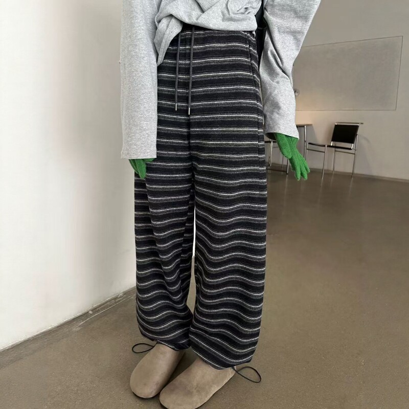 one seven加绒条纹抽绳卫裤女2026秋冬高腰休闲百搭显瘦直筒裤潮
