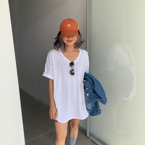 2026春夏one seven新款后领标韩版宽松大U领雪花棉中长款T恤女潮