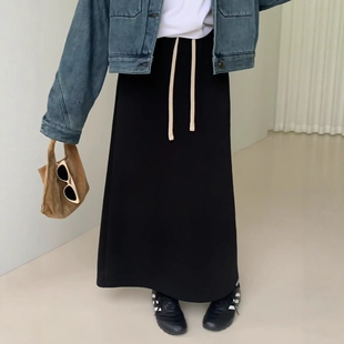 one seven加绒空气棉抽绳半身裙女2025秋冬韩版高腰百搭显瘦长裙