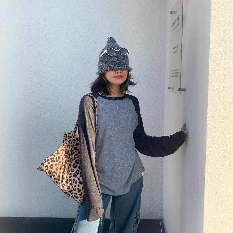 撞色插肩长袖t恤女设计感小众