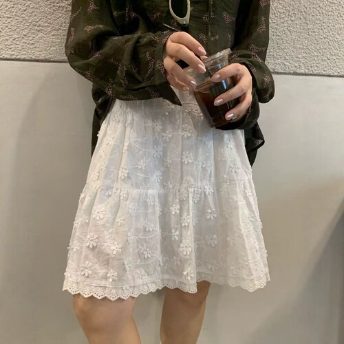 one seven韩系白色立体花朵半身裙女2026夏高腰宽松百搭显瘦短裙