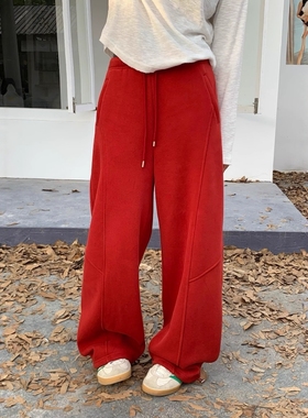 one seven高腰休闲弯刀裤女2025秋冬宽松长裤显瘦加绒加厚卫裤潮